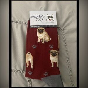 HAPPY TAILS Socks PUG Unisex Novelty Dog Socks Red/Maroon NEW